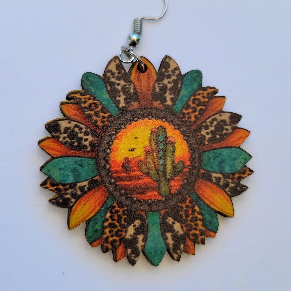 Sunflower Dangle Drop Wooden Earrings Orange Yellow 2" Pierced Ears New - Picture 2 of 8